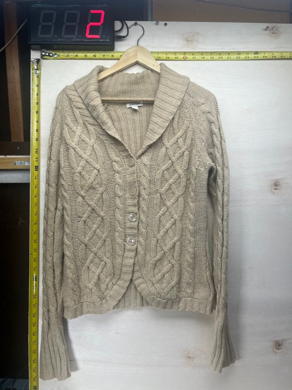 St Johns Bay Womens M Beige Cable Knit Button Front Cardigan Sweater